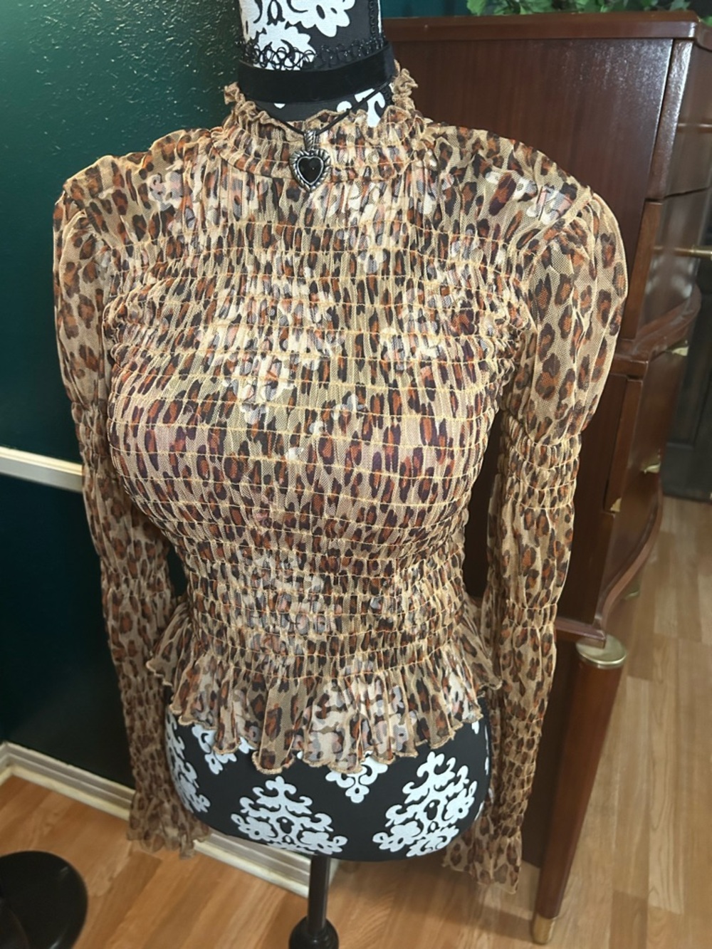 Free people leopard print mock neck sheer long sleeve top